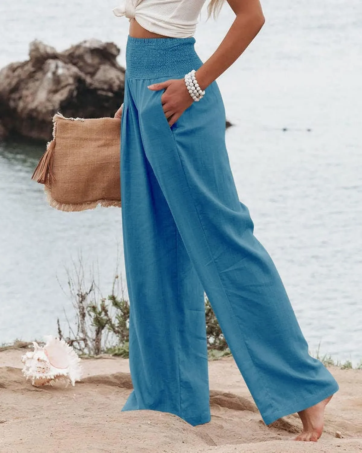 ZWRXW Linen Pants Women Summer High Waisted Wide Leg Pants Casual Lounge Pant Business Work Pants Comfy Lightweight Trousers