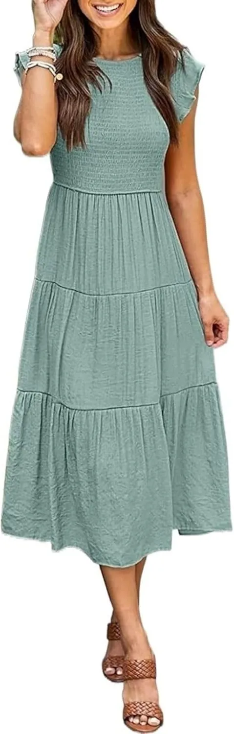 ZWRXW Summer Dresses for Women 2024 Casual Flutter Short Sleeve Crew Neck Smocked Elastic Waist Flowy Tiered Long Maxi Dress