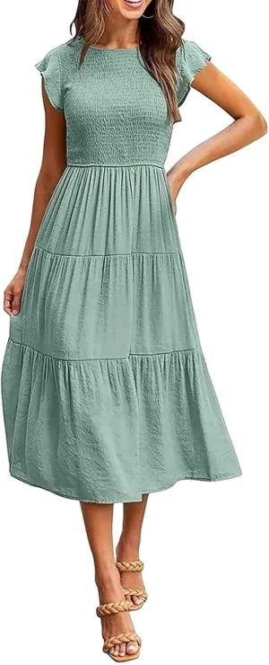 ZWRXW Summer Dresses for Women 2024 Casual Flutter Short Sleeve Crew Neck Smocked Elastic Waist Flowy Tiered Long Maxi Dress