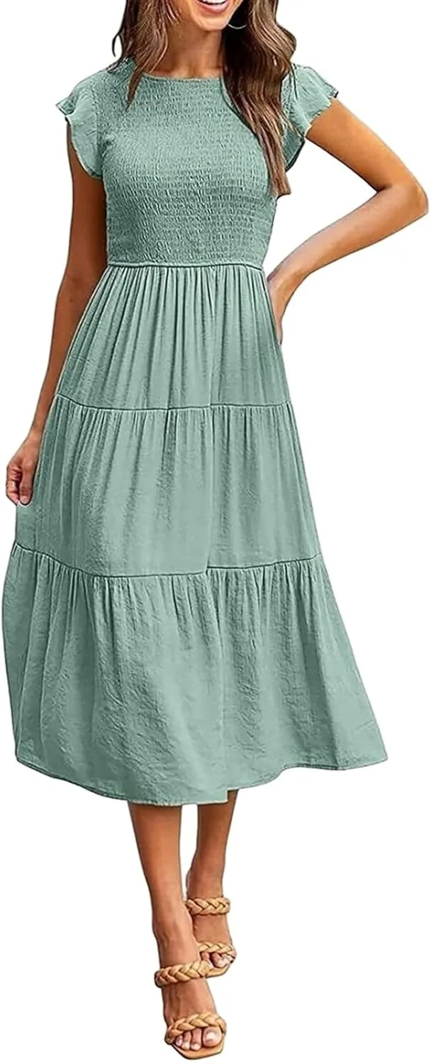 ZWRXW Summer Dresses for Women 2024 Casual Flutter Short Sleeve Crew Neck Smocked Elastic Waist Flowy Tiered Long Maxi Dress