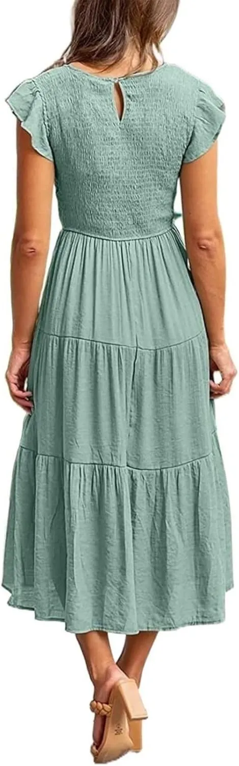 ZWRXW Summer Dresses for Women 2024 Casual Flutter Short Sleeve Crew Neck Smocked Elastic Waist Flowy Tiered Long Maxi Dress